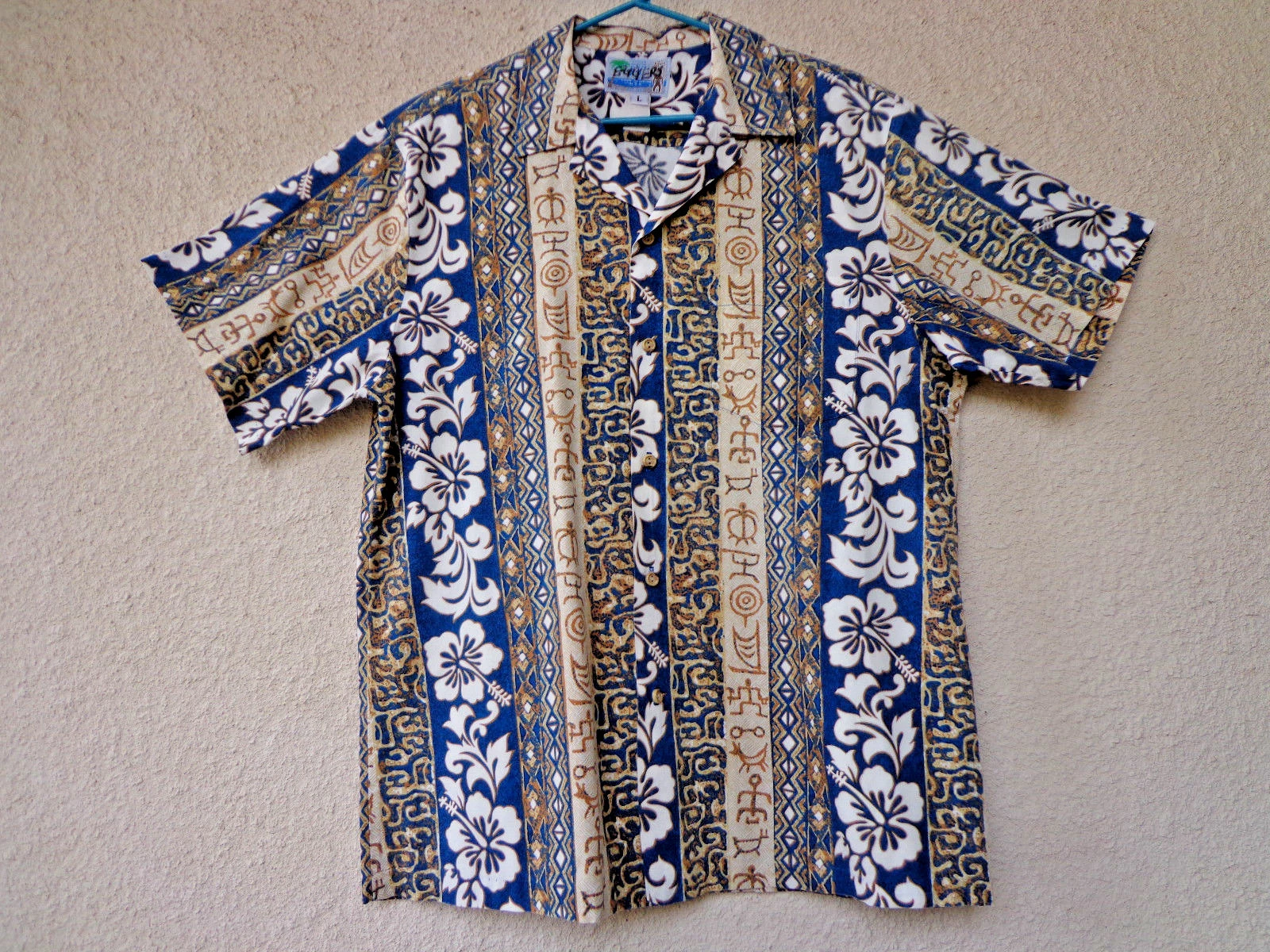 Vintage 80s Men's HAWAIIAN SHIRT Cotton RJC Vertical Print Tapa Aloha Tan Blue L