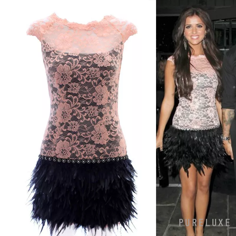 MCBERRY INSPIRED CELEBRITY LUCY MECK PINK LACE BLACK FEATHER DRESS GREAT GATSBY