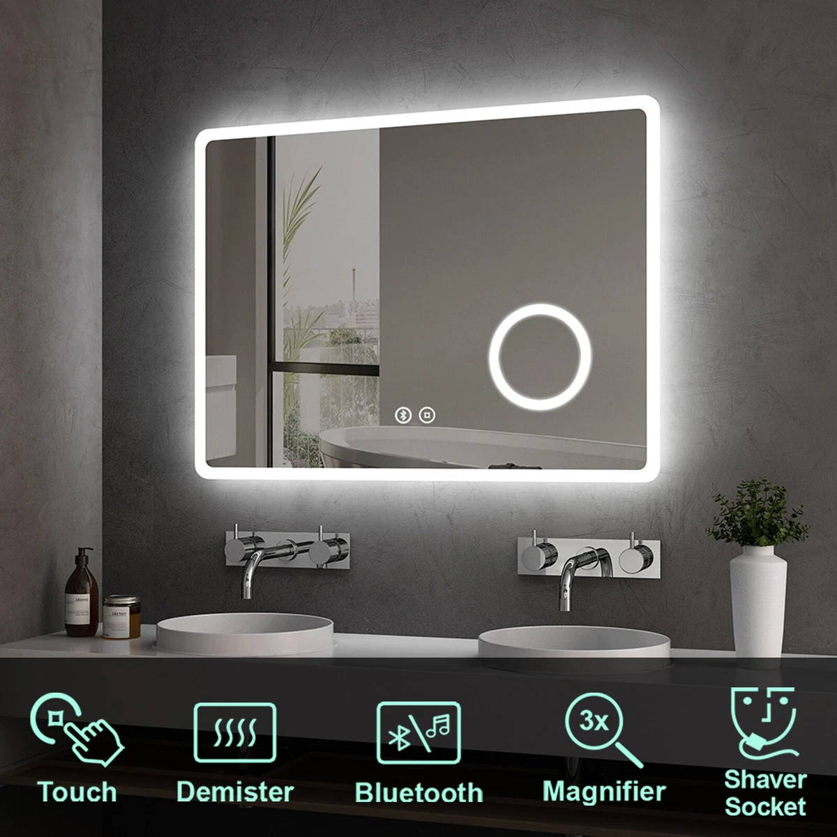 Bathroom Illuminated LED Mirror Bluetooth Speaker Shaver Socket Demister  Touch