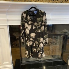 Vera Wang Chiffon Sheath Dress 6 Blk/Green Geo Print Balloon Sleeve