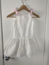 Janie and Jack Girls White Embroidered Pink Bow Wedding Flower Girl Dress Size 6