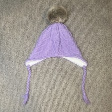 Hanna Andersson Girls L Winter Snow Hat Cable Knit Purple Faux Fur Pom Pom