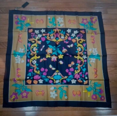 Vintage Gucci Flowers And BUTTERFLIES BLACK TRIM Silk Scarf 33”x