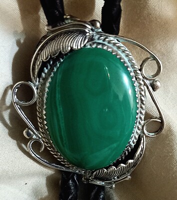 Malachite and sterling silver Navajo bolo tie by Navajo artist Norman E. Freeman