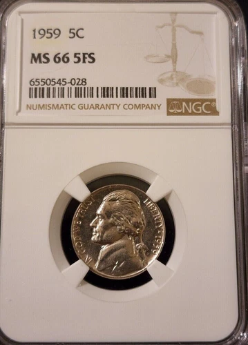 1959 Jefferson Nickel 5c - 5FS Full Steps - NGC MS66 - Free Shipping!