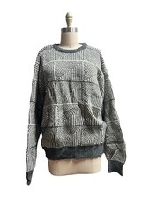 Vtg Gray White Patterned Jantzen Wool Acrylic Sweater L Made In USA 80s 90s
