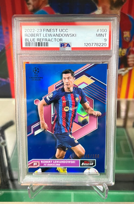 2022-23 Topps Finest UEFA Club Blue Refractor /150 Robert Lewandowski PSA 9