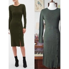 Banana Republic Olive Green Long-Sleeve Button-Trim Midi Dress