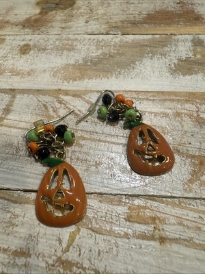 Jack-O-Lantern Gold Enamel Drop Earrings Vtg Dangle Halloween Pumpkin Orange