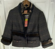 Tory Burch (Size 10 Womens) Imera Jacket, Black/Brown, Wool Tweed & Silk Velvet