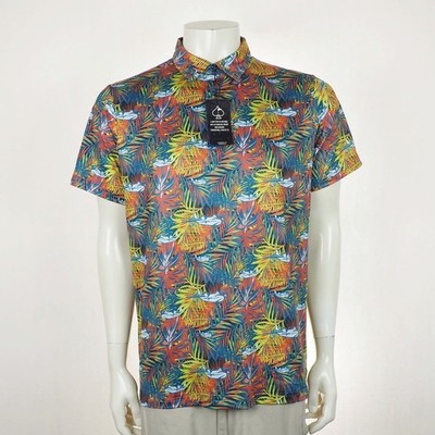 New Pins & Aces Golf Polo Shirt Mens Large Blue Floral Airplanes AOP Performance