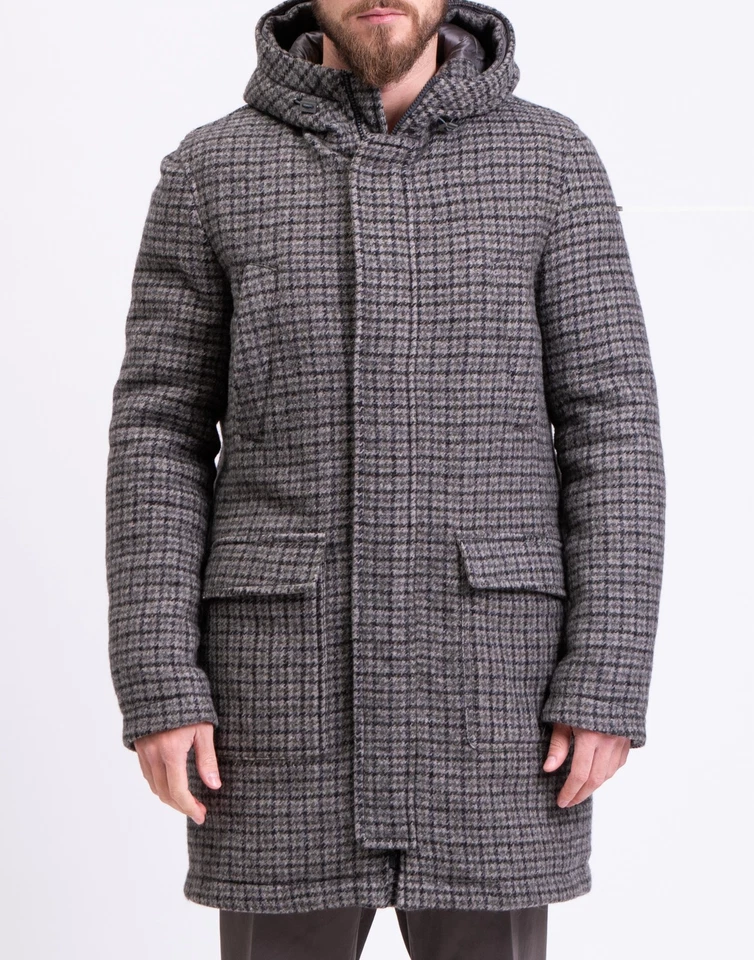 RRP€2105 HERNO Wool Coat IT50 US40 L Grey Houndstooth Hooded Made in Italy - Image 3 of 4