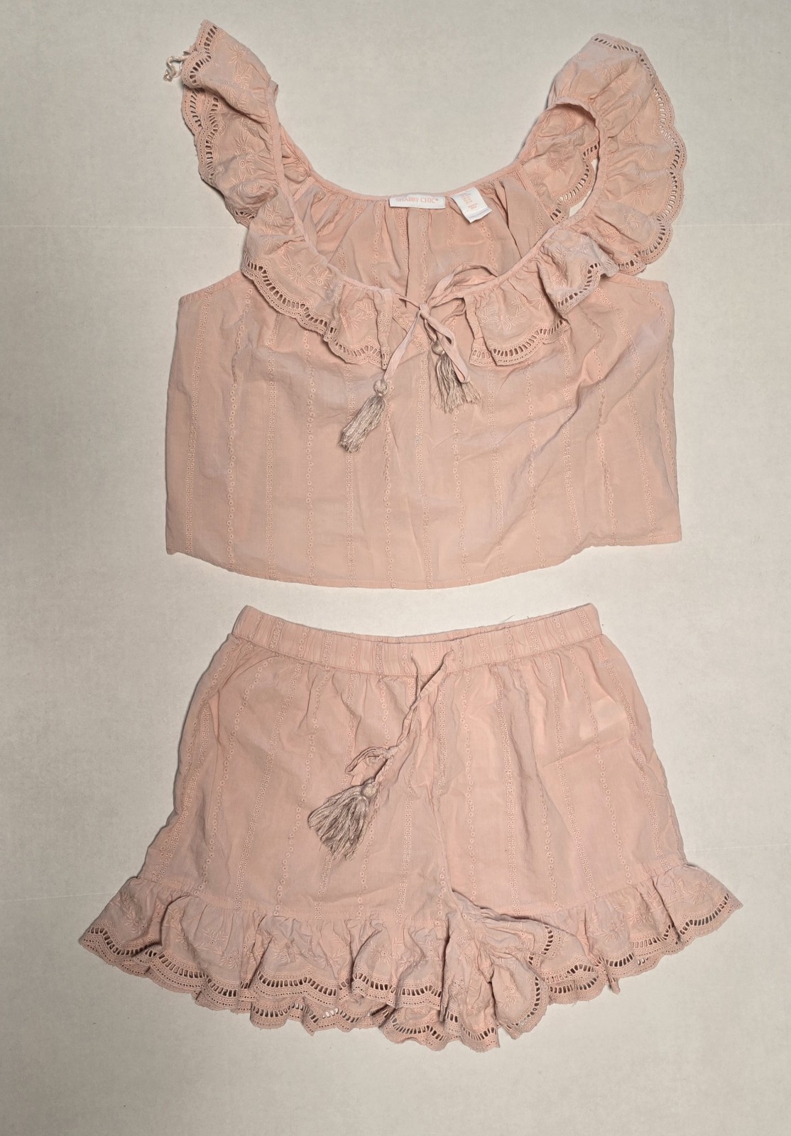 Shabby Chic Womens 2 Piece Pajama Set Size M Pink Eyelet Ruffle Cotton Babydoll