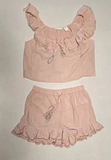 Shabby Chic Womens 2 Piece Pajama Set Size M Pink Eyelet Ruffle Cotton Babydoll