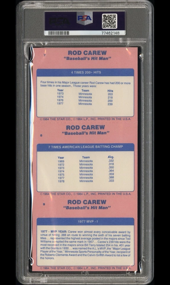 1986 Star Rod Carew 3 Card Panel #7-9 PSA 6 EX-MT HOF LA Angels Twins - Image 2 of 2