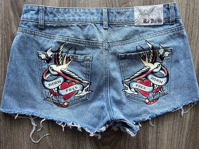 ED HARDY Denim Y2K Shorts Low Rise Jean BORN FREE Moto Babe Distressed sz 28