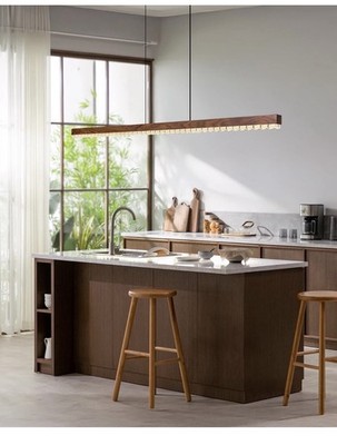 47'' Wood Linear Pendant Light, Dimmable Kitchen Island Lighting with Remote, ...