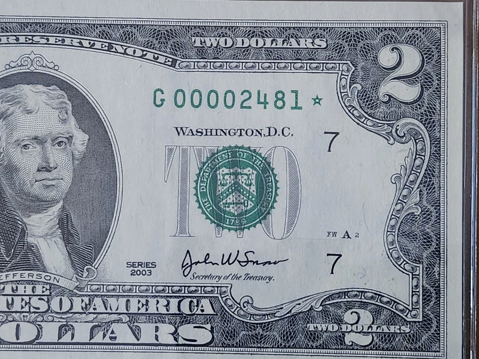 2003 $2 BEP STAR NOTE CHICAGO DISTRICT "ONLY" 16k PRINTED G00002481* LOW SER NUM - Image 4 of 4