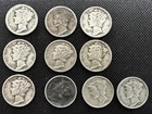 Lot Of 10 Mercury Dimes 90% Silver, 1917-1945