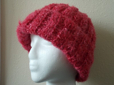 Hand knitted bulky and warm wool blend beanie/hat, raspberry red