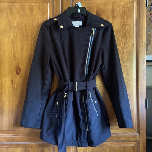 Michael Kors Trenchcoat schwarz Gürtel Kragen Reißverschluss Damen Gr. S Gold Akzente