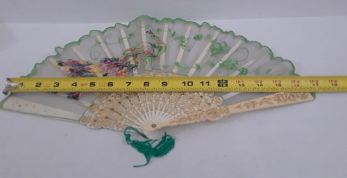 Vintage Peacock Sewn Frilled Hand Fan Stitched Embroidered with Tassel - Picture 12 of 15