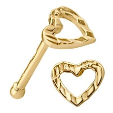 14k Solid Yellow Gold Tunnel Textured Heart 22g Ball End Nose Bone
