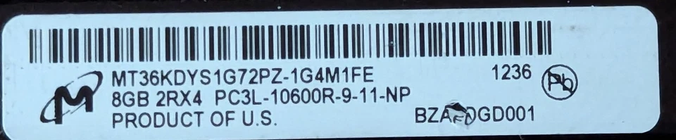 LOT OF 4 MICRON 8GB MT36KDYS1G72PZ-1G4M1FE 2RX4 PC3L-10600R-9-11 ECC RAM A4-7(16 - Image 3 of 3