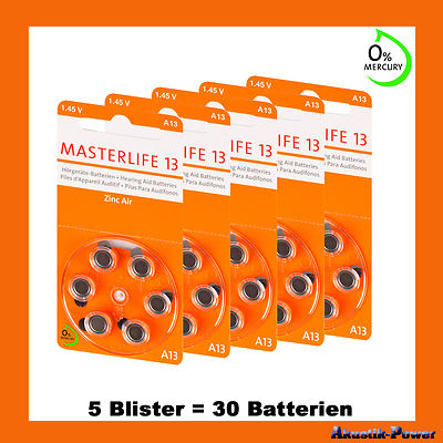 30 Stück Masterlife Hörgerätebatterie Typ 13, PR48, orange, A13, Mercury Free