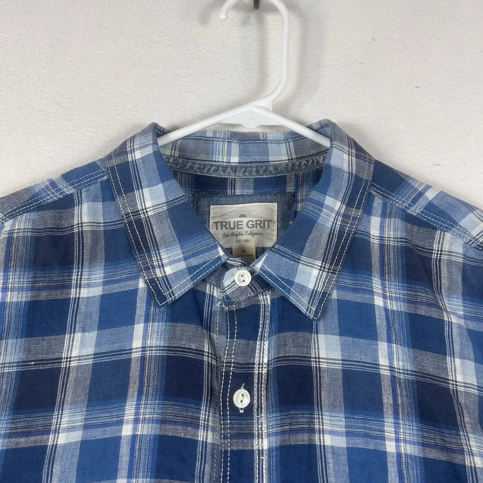 Camisa masculina True Grit manga longa com botões XL azul xadrez mistura de linho casual G/S - Imagem 2 de 4