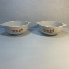 Pair of Double Handled Soup Bowls Orange  Lettering w/ Hearts  5 1/4"