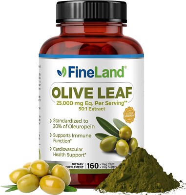 FineLand Olive Leaf 50x Extract 25,000mg Eq. Per Capsule, 20% Active Oleurope...