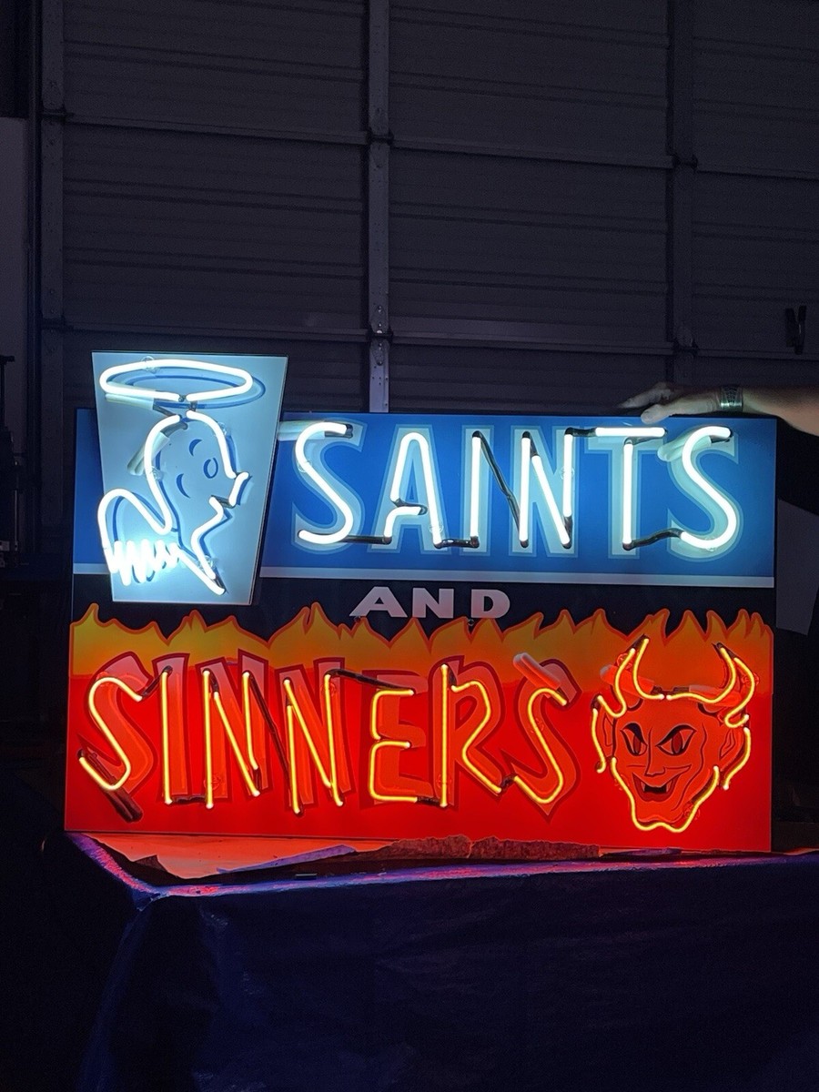 World Famous “Saints & Sinners” Glass Neon Bar Sign Vintage NM