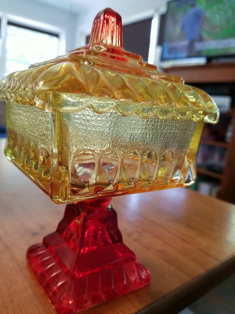 Vintage Amberina Jeannette Glass Candy Dish With Lid Red Orange