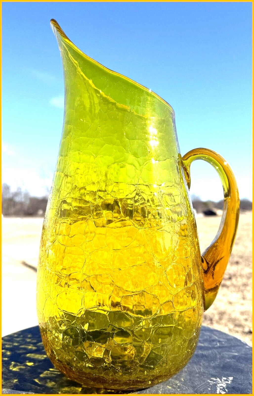 LARGE BLENKO ART GLASS PITCHER CRACKLE JONQUIL WINSLOW ANDERSON ❤️ GLOWS ❤️