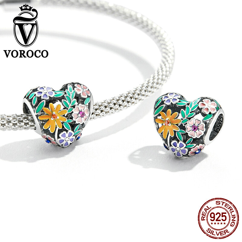 VOROCO 925 Sterling Silver Heart Charm Bead - Engraved Flowers, Trees, Birds, With Zircon Stones