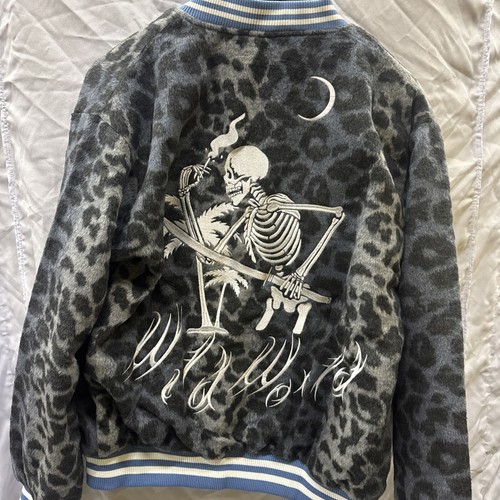 Men's Blue Gray Leopard Print Skull Skeletons Varsity Jacket size L NEW - Picture 4 of 5
