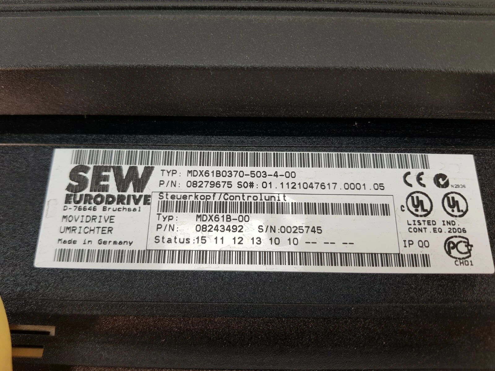 SEW-Eurodrive main label: MDX61B0370-503-4-00, P/N 08279675, control unit MDX61B-00
