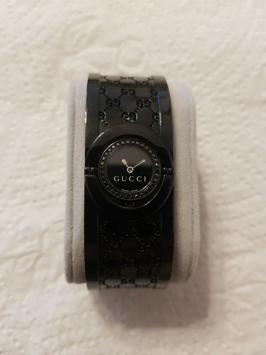 GUCCI 112 Black Bangle WATCH Quartz w Rotating Case Signed Gucci