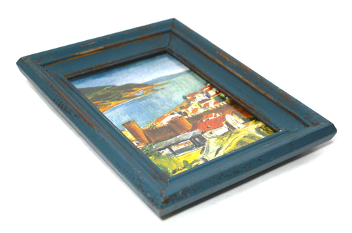 Cornice portafoto vintage in legno dipinta blu acqua con stampa costiera - Foto 4 di 6