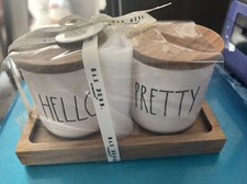 RAE DUNN HELLO PRETTY COSMETIC JAR WOOD TRAY 3 PIECE SET NEW T2