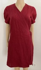 Epic XS-S / 8-10 Pure Linen Short Red Wrap Dress Puff Sleeve Casual Summer