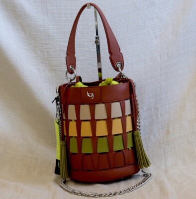 NEW! BYBLOS ITALY Brown Faux Leather Cut-out Satchel Shoulder Bag Handbag Tassel