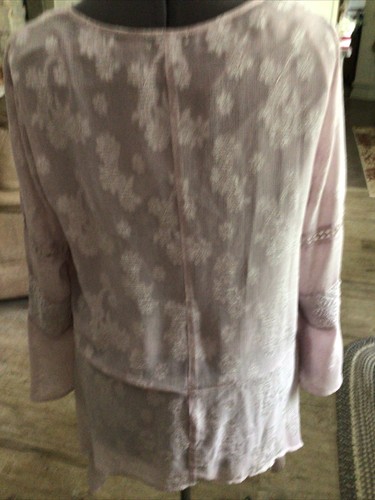 women Lg, lilac pink flowery boho long sleeve, lt weight, lined top by One World - Picture 2 of 5