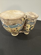 Vintage RAWHIDE BONGO DRUMS w/ Ceramic Terracotta Base DECORATIVE From Morocco