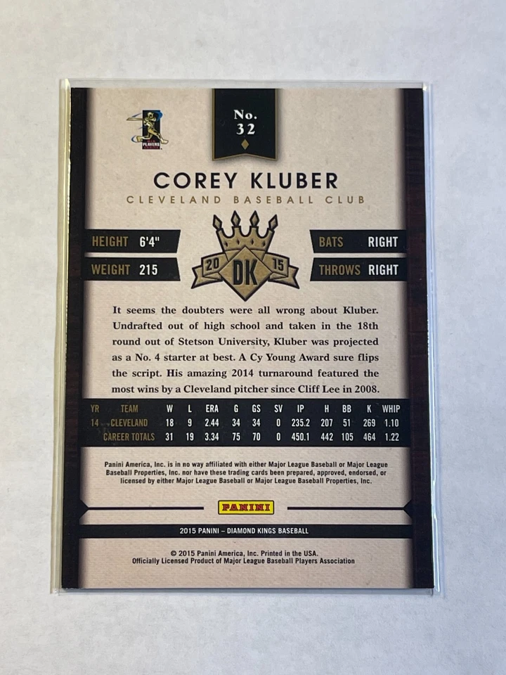 Corey Kluber 2015 Panini Diamond Kings Red Border SP #32 Cleveland Indians - Image 2 of 2