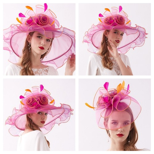 Sombrero de Organza para Mujer, Flor Ala Ancha Derby Iglesia Sombrero con Clip Gorra para el Sol - Imagen 15 de 34