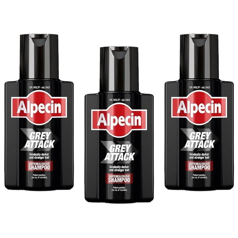 3pz ALPECIN Grey Attack Caffeine & Colour Shampoo per capelli grigi UOMO 200ml
