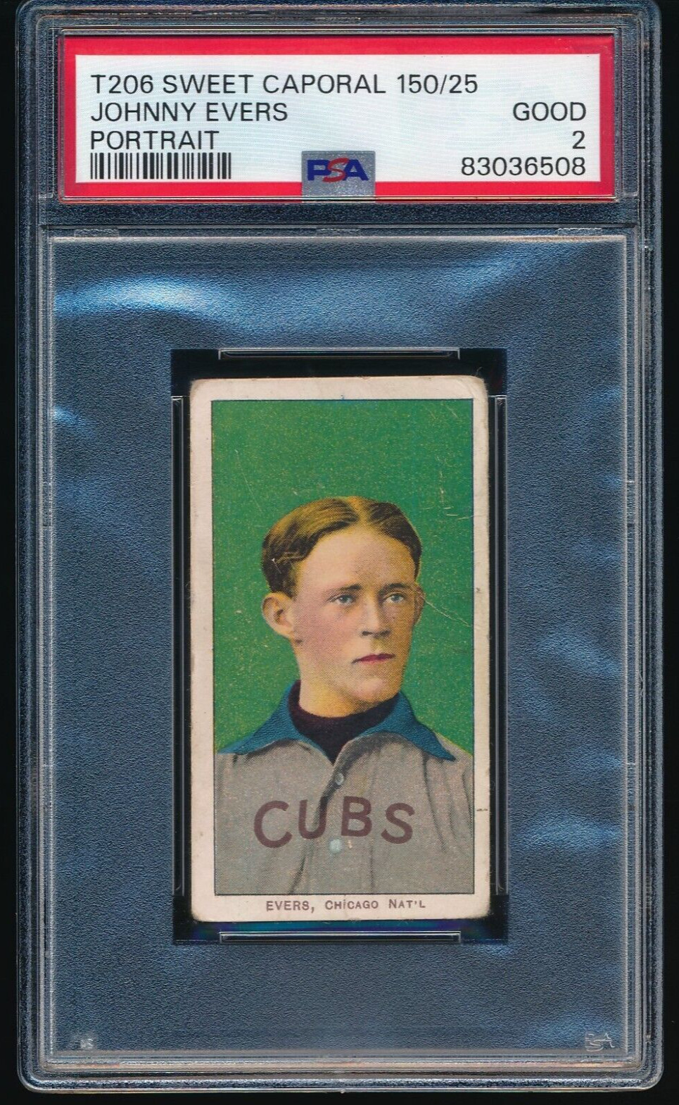 1909-11 T206 Johnny Evers Portrait Chicago Cubs Sweet Caporal 150 PSA 2 GOOD