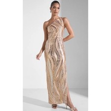 Adrianna Papell Sequin One Shoulder Column Maxi Gown Gold Silver Size 8 NWT